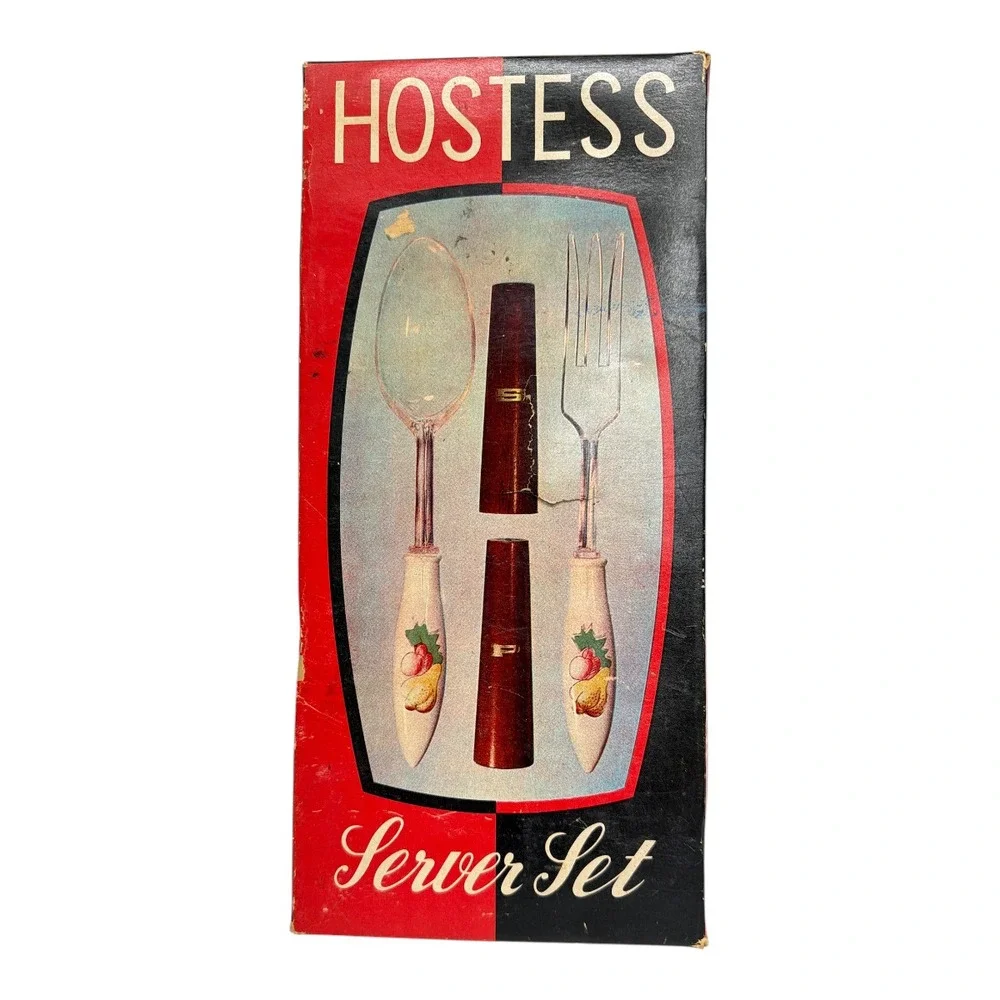 Hostess Server Set Ear of Corn Plastic Fork Spoon Wooden Salt Pepper Never Used